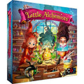 Colorful board game box art with cartoon children brewing potions in a lab, featuring a pink scroll and vibrant details.