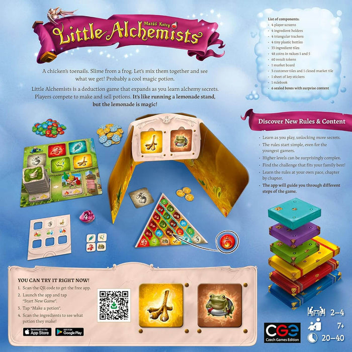 Little Alchemists board game components including colorful tokens, cards, player screens, and six small mystery boxes.