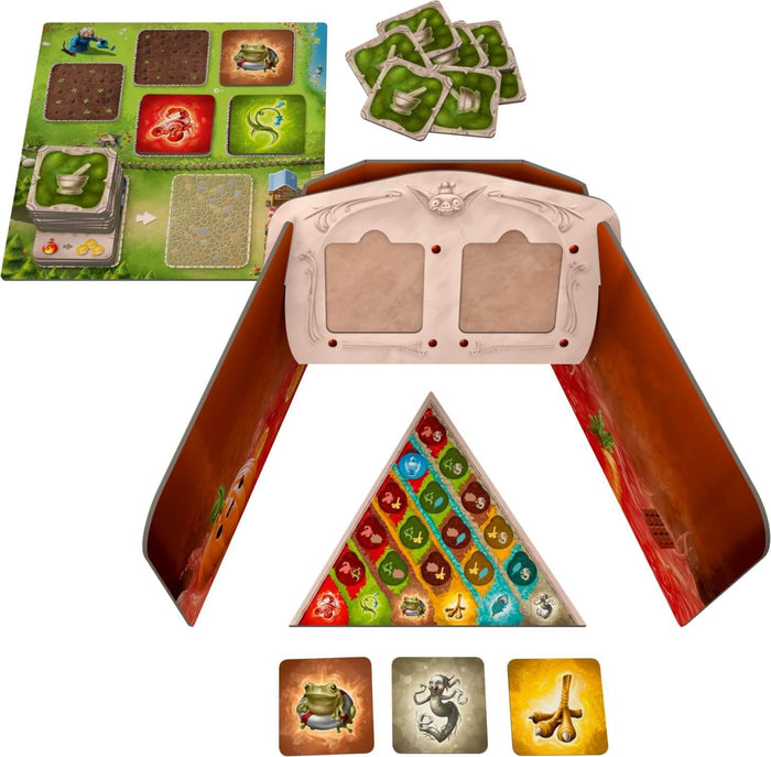 Board game set featuring a green garden board, creature cards, tiles, and a decorative cream-colored player screen.