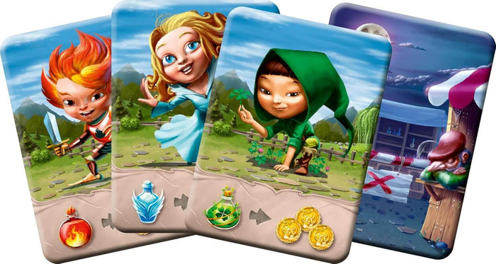 Four colorful game cards featuring cartoon fantasy characters, potion icons, and gold coins on scenic backgrounds.