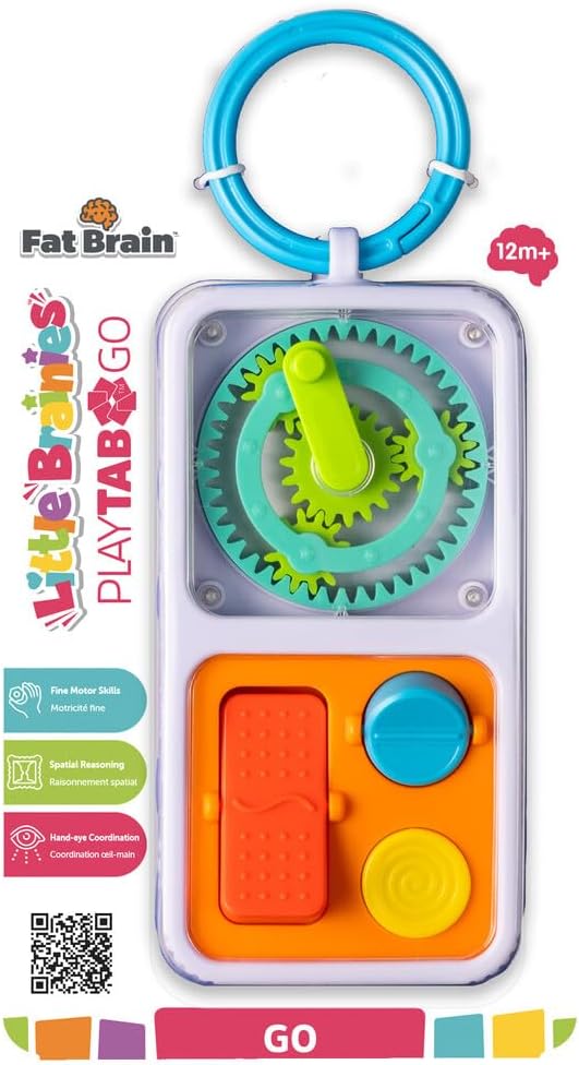 White handheld toy with a blue ring handle, spinning green gears, and an orange panel with colorful buttons and dials.