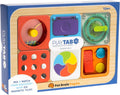 Wooden activity board in a blue box with six colorful magnetic tiles featuring gears, spinners, and tactile buttons.