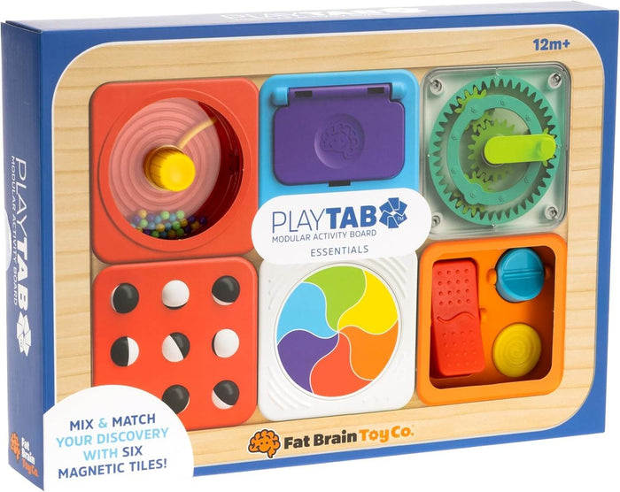 Wooden activity board in a blue box with six colorful magnetic tiles featuring gears, spinners, and tactile buttons.