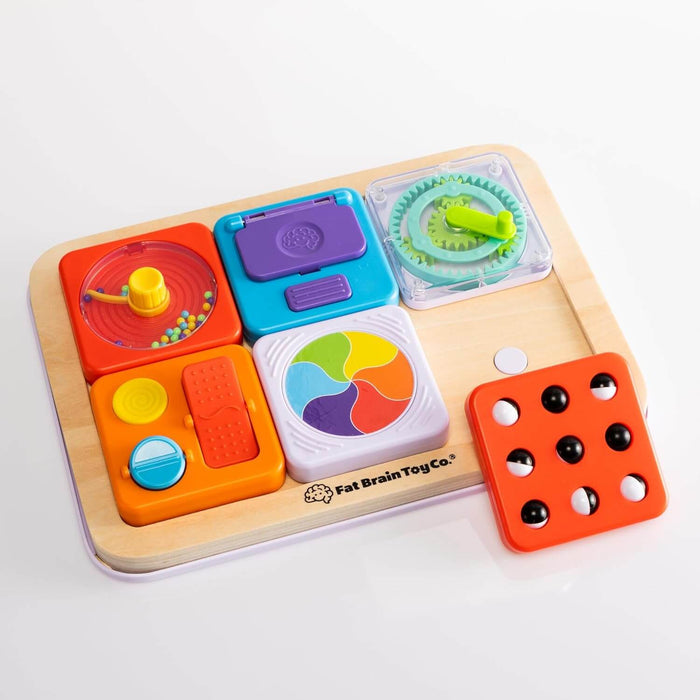 Colorful wooden sensory activity board for babies featuring interactive buttons, gears, and textured sliders.