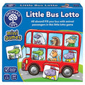 Blue box featuring a red double-decker bus with animal passengers and two matching game tiles.