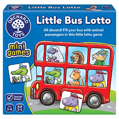 Blue box featuring a red double-decker bus with animal passengers and two matching game tiles.