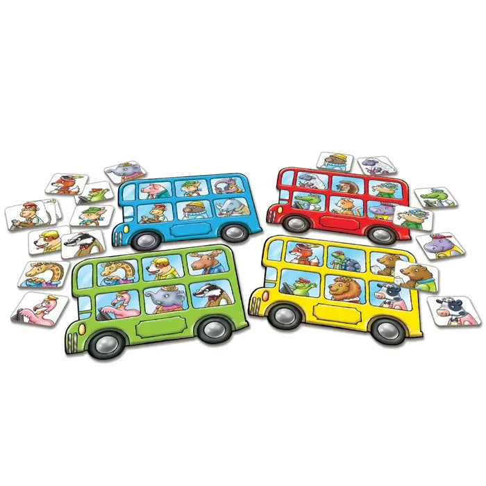Blue, green, red, and yellow double-decker bus boards with animal passenger tiles for a matching game.