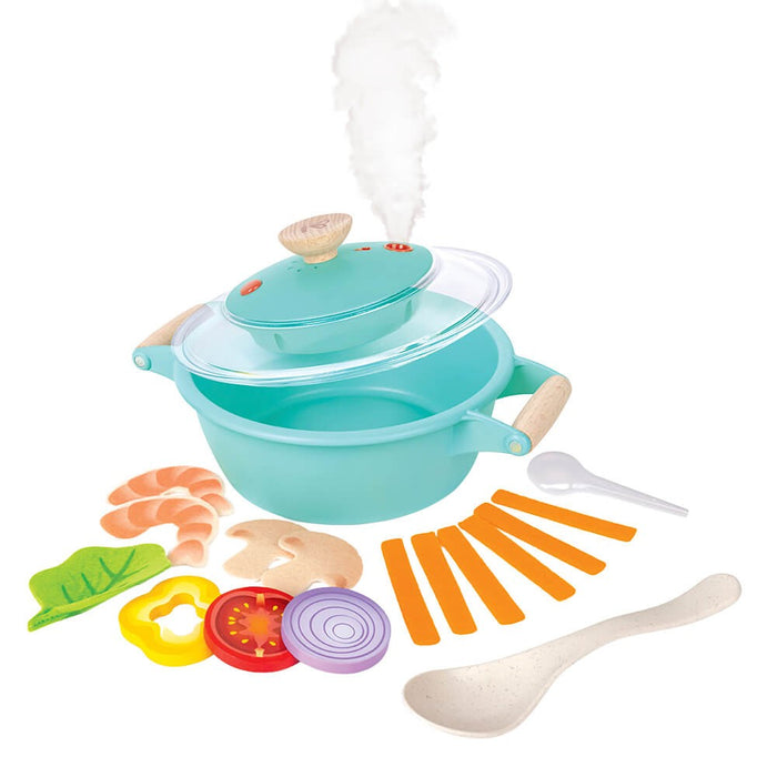 Teal toy pot with misting lid, wooden handles, and play food including shrimp, vegetables, and two serving spoons.
