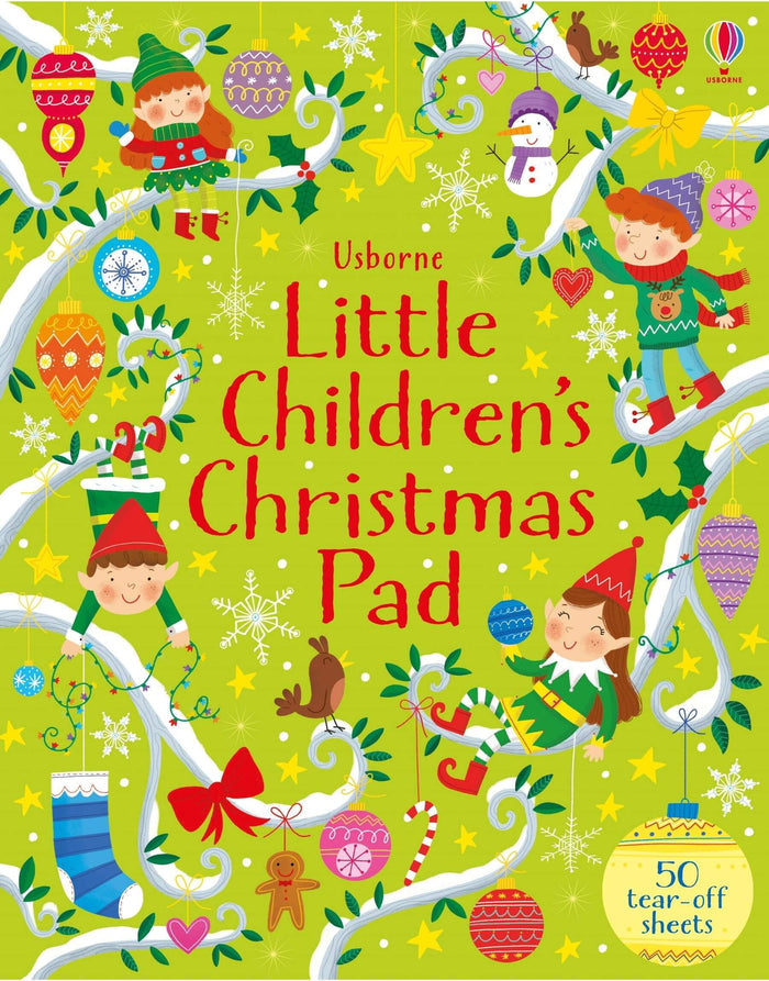Bright green activity pad cover with festive elves, snowflakes, and ornaments. Includes 50 tear-off sheets.