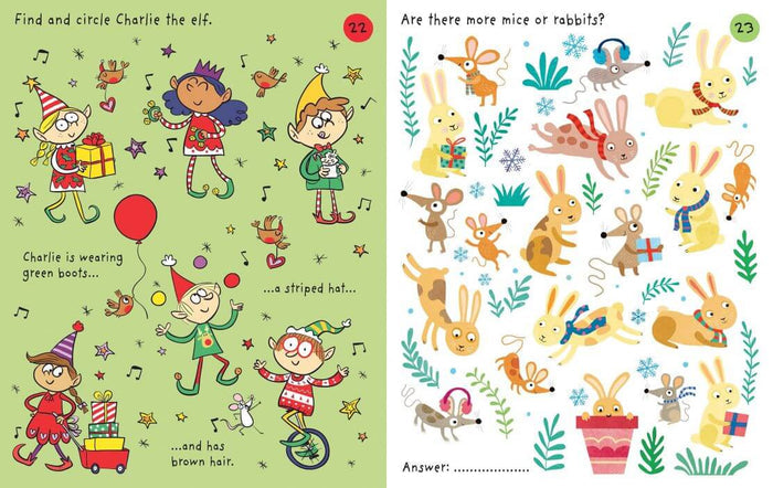 Holiday activity pages showing elves on green and winter animals like mice and rabbits in scarves on light blue.