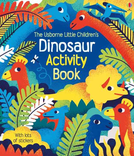 Colorful jungle-themed cover with bright red, yellow, and blue cartoon dinosaurs and a yellow sticker bubble.