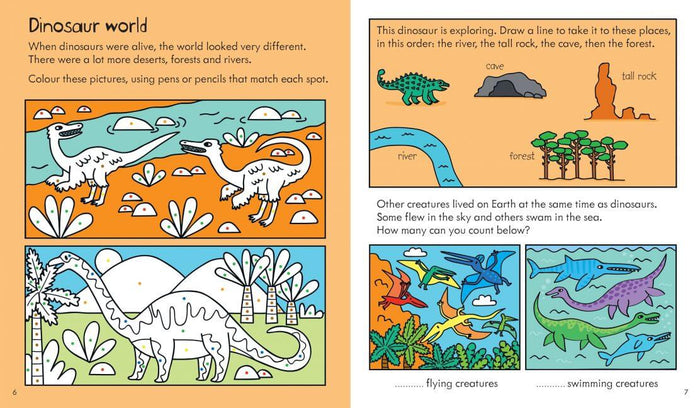 Open dinosaur activity book spread with colorful illustrations, line art for coloring, and path-tracing puzzles.