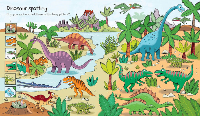 Vibrant cartoon illustration of various dinosaurs in a jungle landscape with a dinosaur spotting search game.