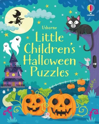 Teal book cover with two large pumpkins, a purple haunted house, ghosts, and a black cat on a tree branch.