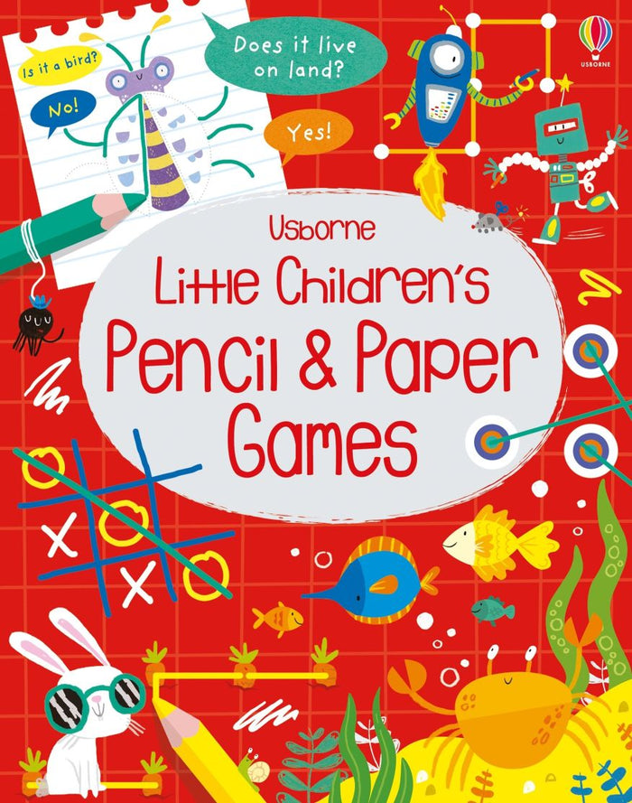 Red gridded activity book cover featuring colorful cartoons of robots, sea life, a bunny, and hand-drawn puzzles.