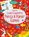 Red gridded activity book cover featuring colorful cartoons of robots, sea life, a bunny, and hand-drawn puzzles.