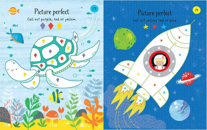 Two activity pages with a sea turtle and rocket ship illustrations for color-naming games in bright colors.