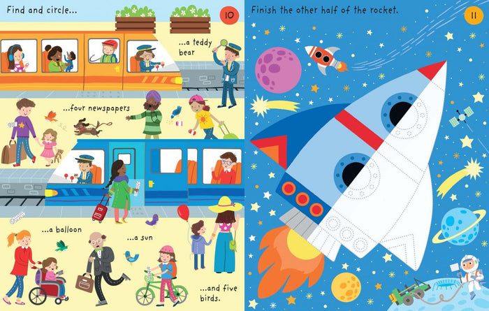 Activity pad pages: a vibrant train station seek-and-find and a space-themed rocket completion drawing.