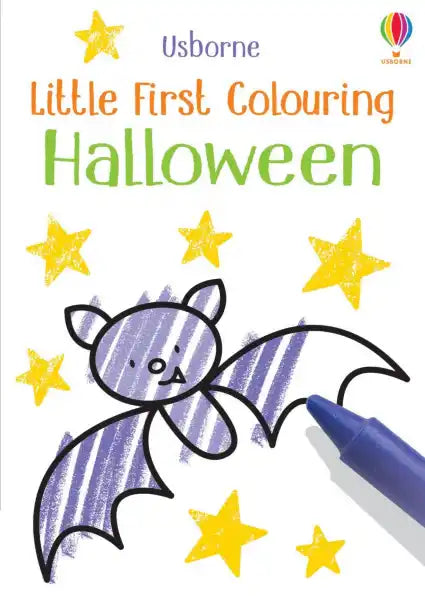Halloween coloring book cover with a purple-striped bat illustration, yellow stars, and a blue crayon.
