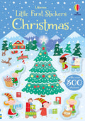 Blue sticker book cover featuring a decorated Christmas tree, elves, and a snowy scene with over 300 stickers.