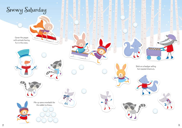 Sticker book page with cartoon rabbits, raccoons, and a fox playing in a snowy birch forest with sleds and a snowman.