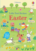 Colorful Usborne sticker book cover showing cartoon animals, eggs, and flowers on a bright green grassy background.