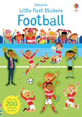 Colorful sticker book cover with cartoon illustrations of football players and fans on a green field.