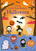 Halloween sticker book cover with cute costumed kids, bats, and ghosts against an orange moonlit background.