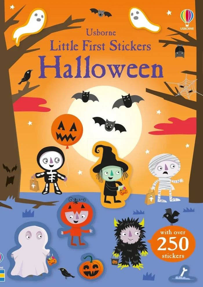 Halloween sticker book cover with cute costumed kids, bats, and ghosts against an orange moonlit background.