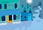 Illustrated night scene with blue houses, an open yellow door, full moon, and winding path to a distant castle.