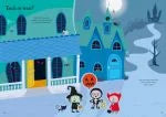 Open Halloween sticker book spread showing kids in costumes trick-or-treating at night outside blue and teal houses.