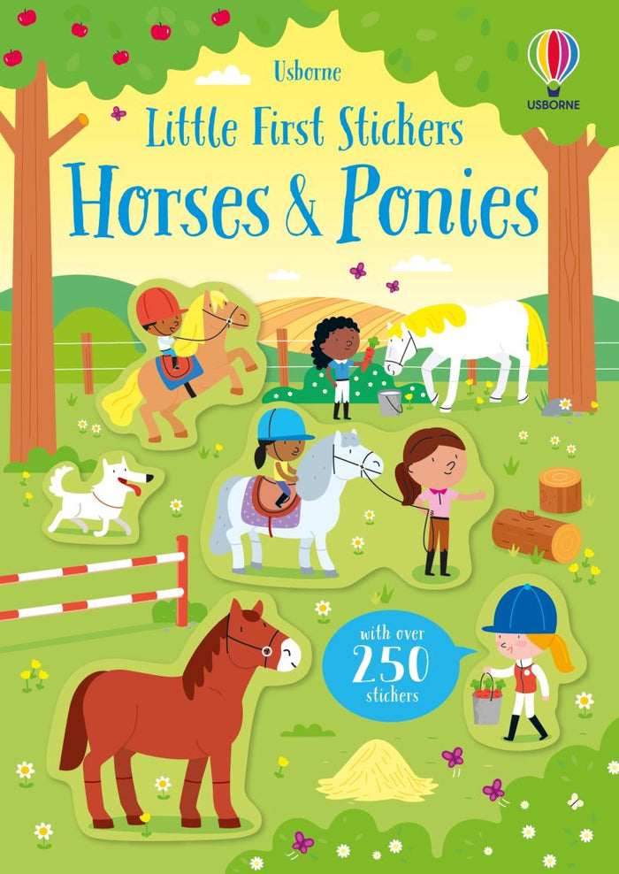 Sticker book cover with cartoon children and horses in a green field, featuring an over 250 stickers badge.