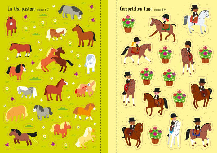 Two sticker sheets featuring illustrated horses and ponies in a green field and a competition arena with riders.