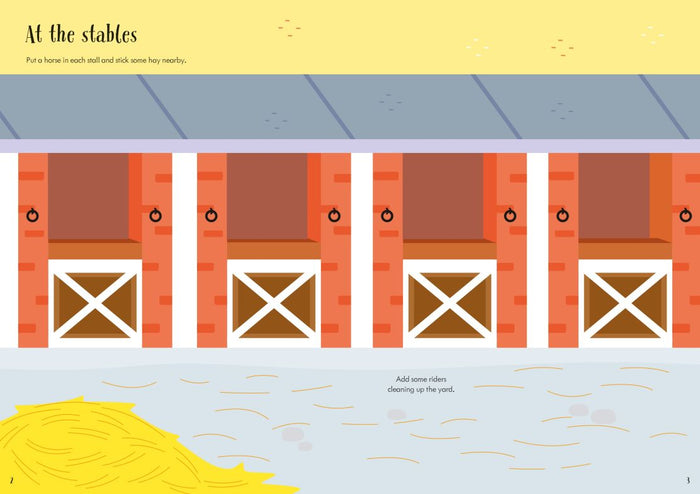 Colorful cartoon of four red brick horse stalls with white gates and a large yellow haystack.