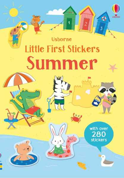 Brightly colored children's sticker book cover featuring cartoon animals like a zebra and bear playing on a sunny beach.