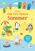 Brightly colored children's sticker book cover featuring cartoon animals like a zebra and bear playing on a sunny beach.