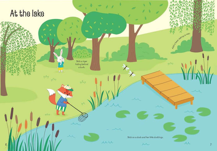 Brightly colored lake illustration with a fishing fox, rabbit, and text prompts for adding animal stickers.