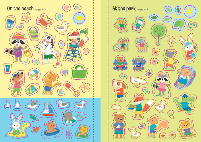 Colorful summer sticker book pages with cartoon animals in various beach and park scenes.