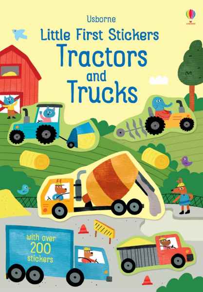 Colorful children's book cover featuring cartoon animals driving a tractor, orange cement mixer, and trucks on a farm.