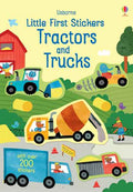 Colorful children's book cover featuring cartoon animals driving a tractor, orange cement mixer, and trucks on a farm.