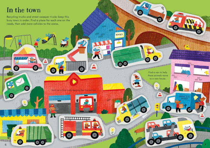 Open sticker book page showing colorful illustrations of animal characters driving utility trucks in a busy town scene.