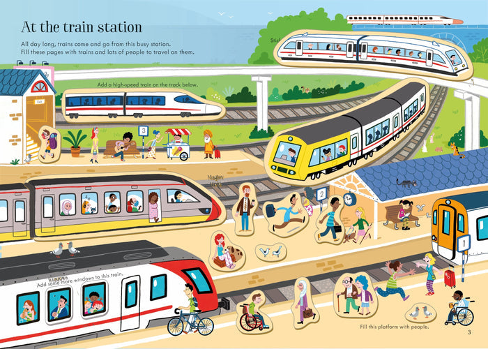 Colorful cartoon illustration of a busy train station with various trains and sticker characters to place on the platforms.