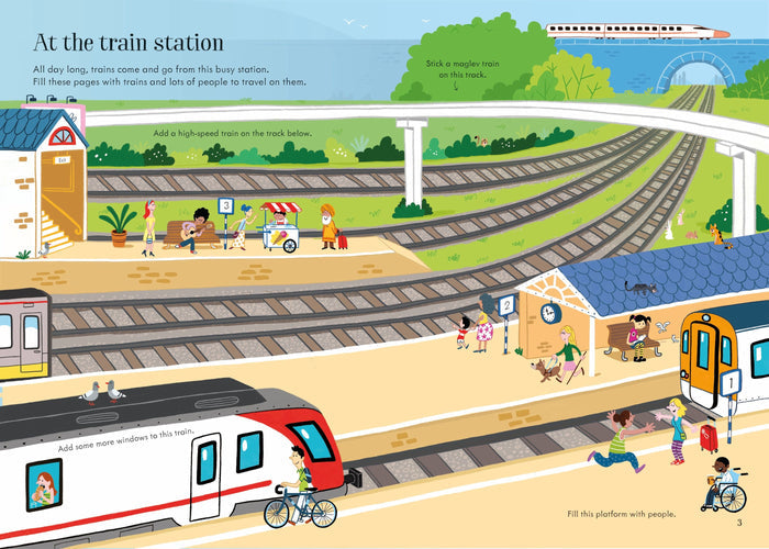 Vibrant children's sticker book illustration of a busy train station with multiple tracks, platforms, and people.