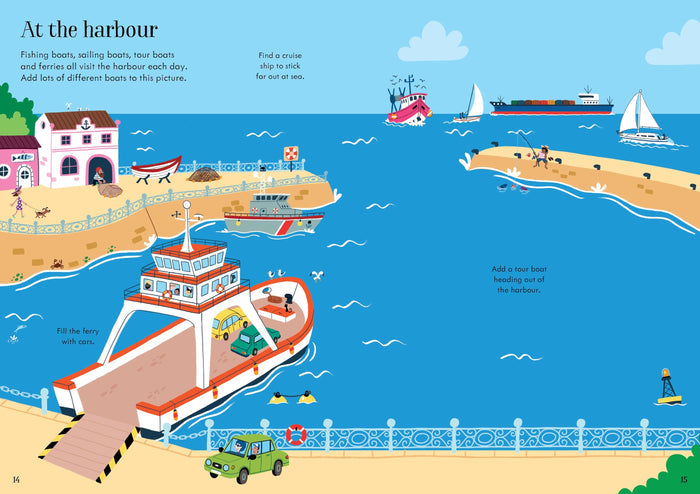 Open sticker book showing a bright blue harbor scene with a large ferry, various boats, and coastal buildings.