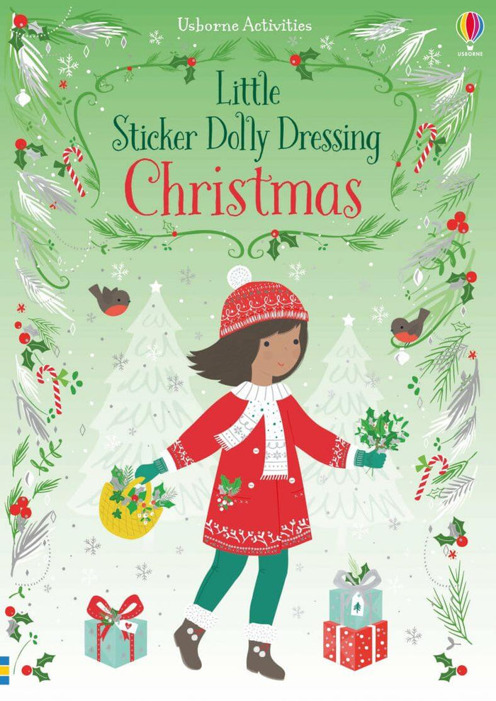 Festive green book cover with a girl in a red winter outfit holding holly, gifts, and robins among snowy trees.