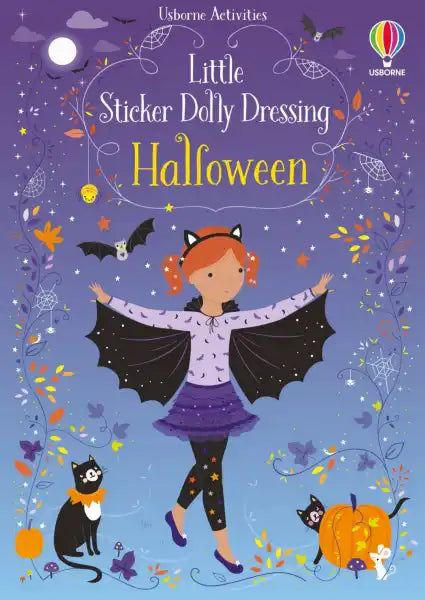 Purple book cover featuring a girl in a bat costume, cats, and a pumpkin against a starry night sky with autumn leaves.