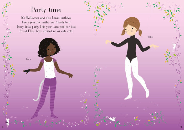 Two girls, Lara and Ellen, in cat outfits on a purple page with decorative floral vines and small white mice.