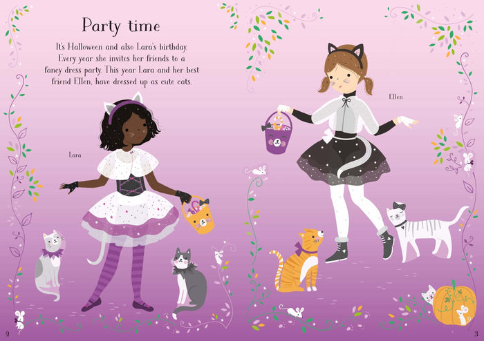 Two girls in cat costumes with treat baskets and cats on a purple illustrated page from a Halloween sticker book.
