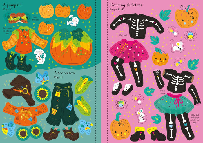 Vibrant Halloween sticker pages featuring pumpkin, scarecrow, and skeleton outfits, tutus, mice, and autumn decorations.