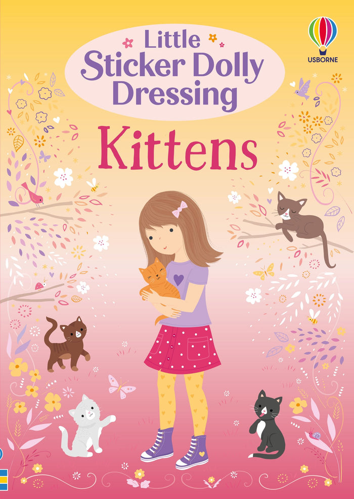 Illustrated book cover with a girl holding a kitten, surrounded by more cats in a pink and yellow whimsical floral garden.